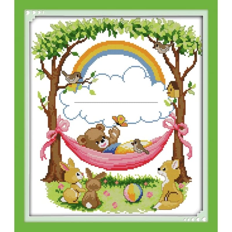 The bear plays on the swing