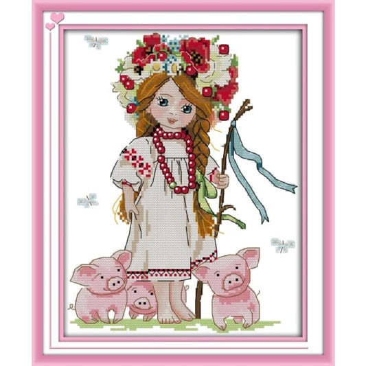 Girl and piglets