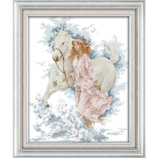 The girl walk with her horse